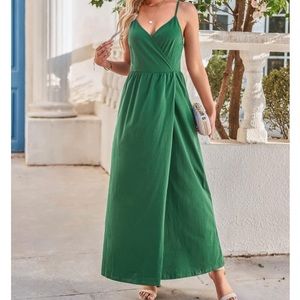 II Inin Maxi Sundresses  Long Wrap V-Neck Green Solid Casual Dress